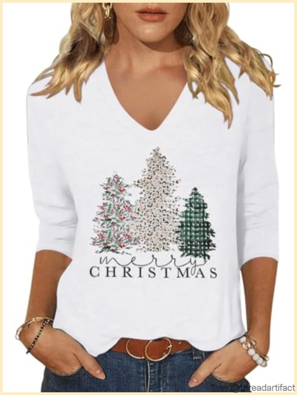 Womens 3/4 Sleeve V Neck Christmas Graphic T-Shirt Cotton Blend Tee